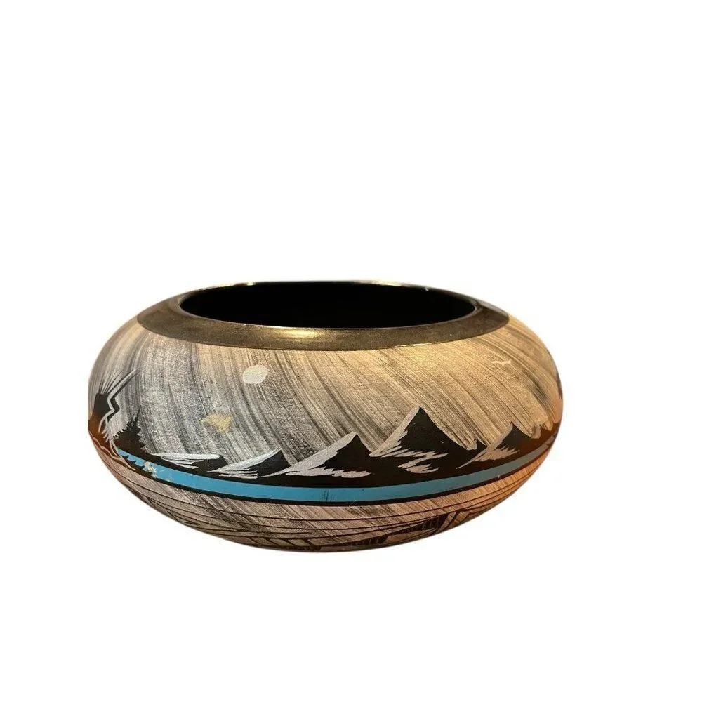 Navajo Pottery End Of The Trail Indian on Horse Mountains Black Turquoise Pot